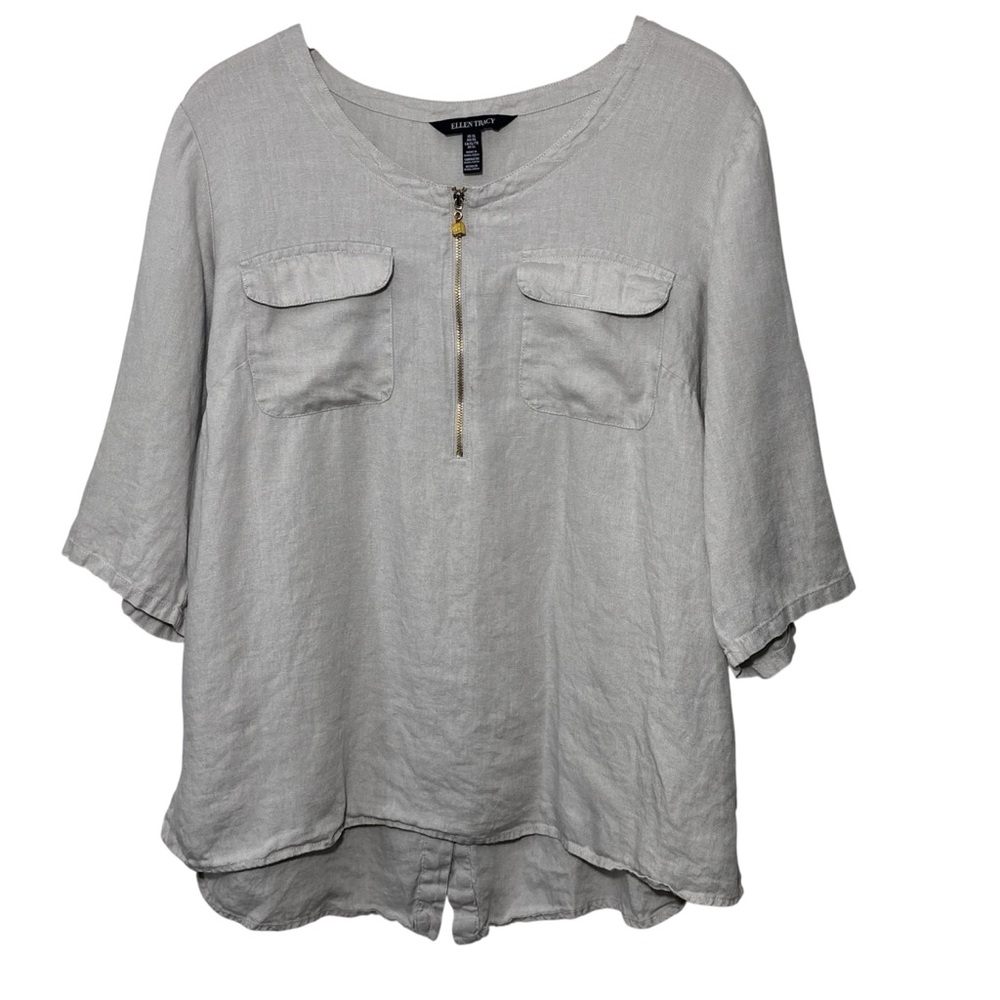 Ellen Tracy beige linen top, half-zip closure and two front pockets. Women’s XL